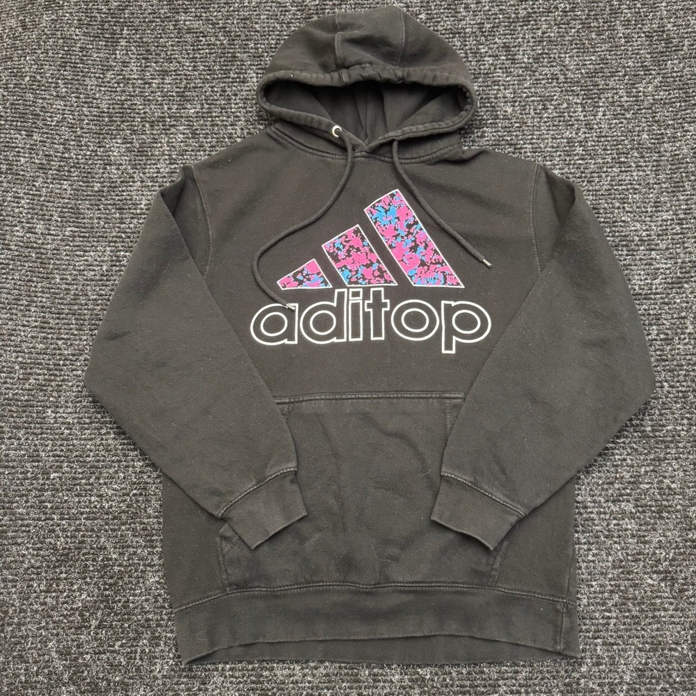 Adidas Aditop Black Graphic Hoodie Pink Blue Splatter Logo Pullover Mens Medium
